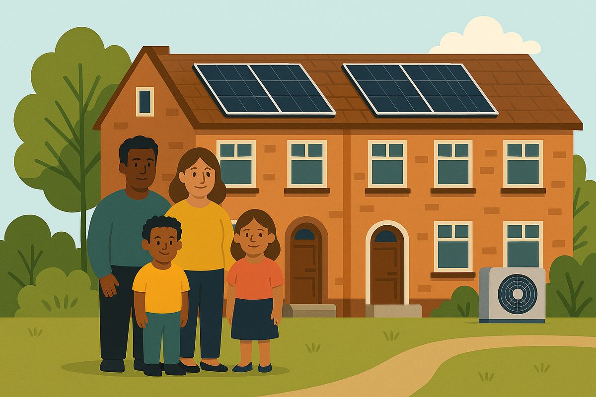 Een gezin voor een woning met zonnepanelen en een warmtepomp.
